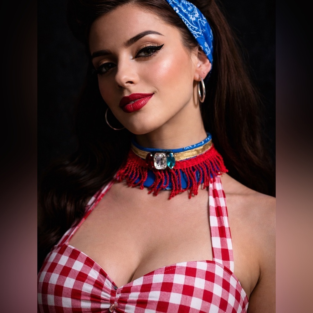 Rockabilly Bandana Choker Necklace Red Fringe OOAK Handmade Pin-Up HANDMADE 29’